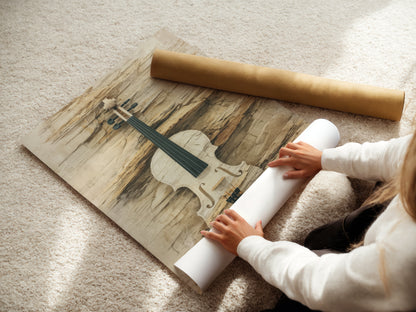 A woman is carefully rolling a fine art poster paper. The vintage violin artwork is ready for framing. This neutral tone print captures the beauty of the musical instrument. Ideal for music room decor.