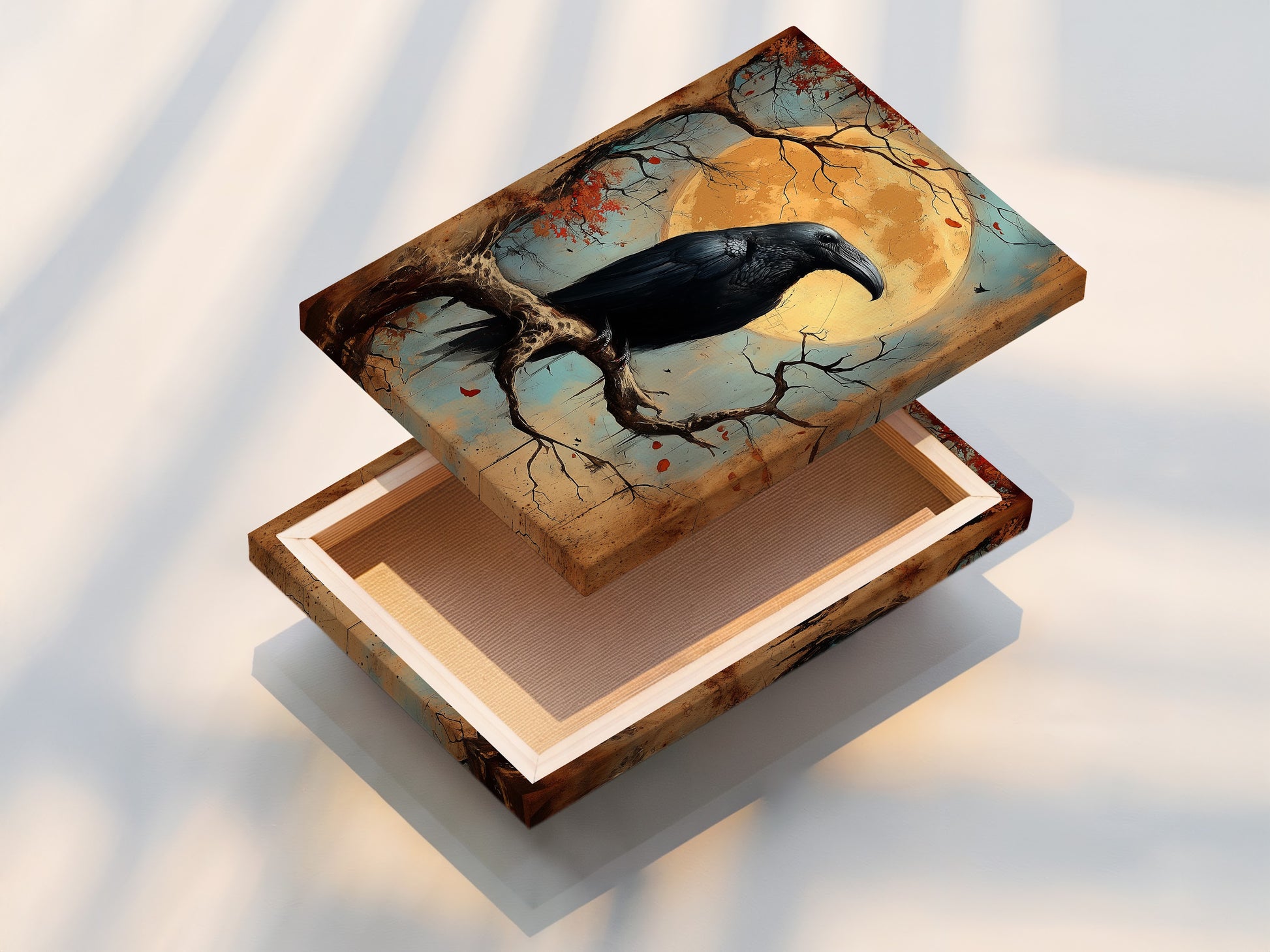 A stretched canvas print of raven artwork. The canvas print is stretched and ready to hang. This gothic bird canvas adds a touch of dark academia to any room. Ideal for study room art or Halloween decor. A great piece of spooky wall art.