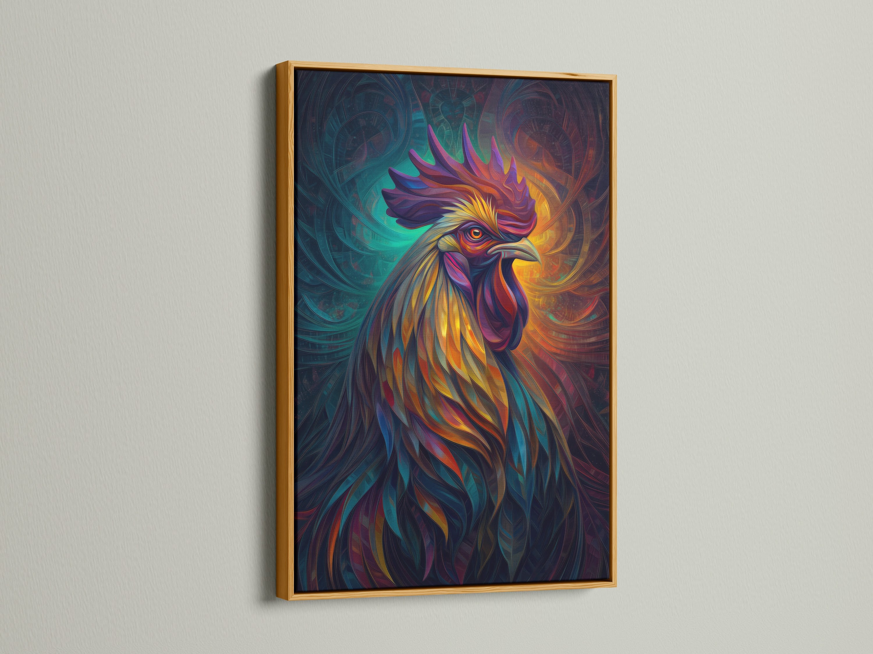 Rooster artwork with a gold frame. This vibrant animal art makes a statement. The rooster poster is ideal for farmhouse decor. It's a rainbow rooster art print for a country home.
