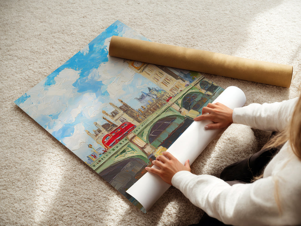 A woman is carefully rolling a fine art poster paper. This high-quality paper ensures your London Big Ben artwork looks its best. Perfect for British cityscape prints. Ideal for detailed art pieces.