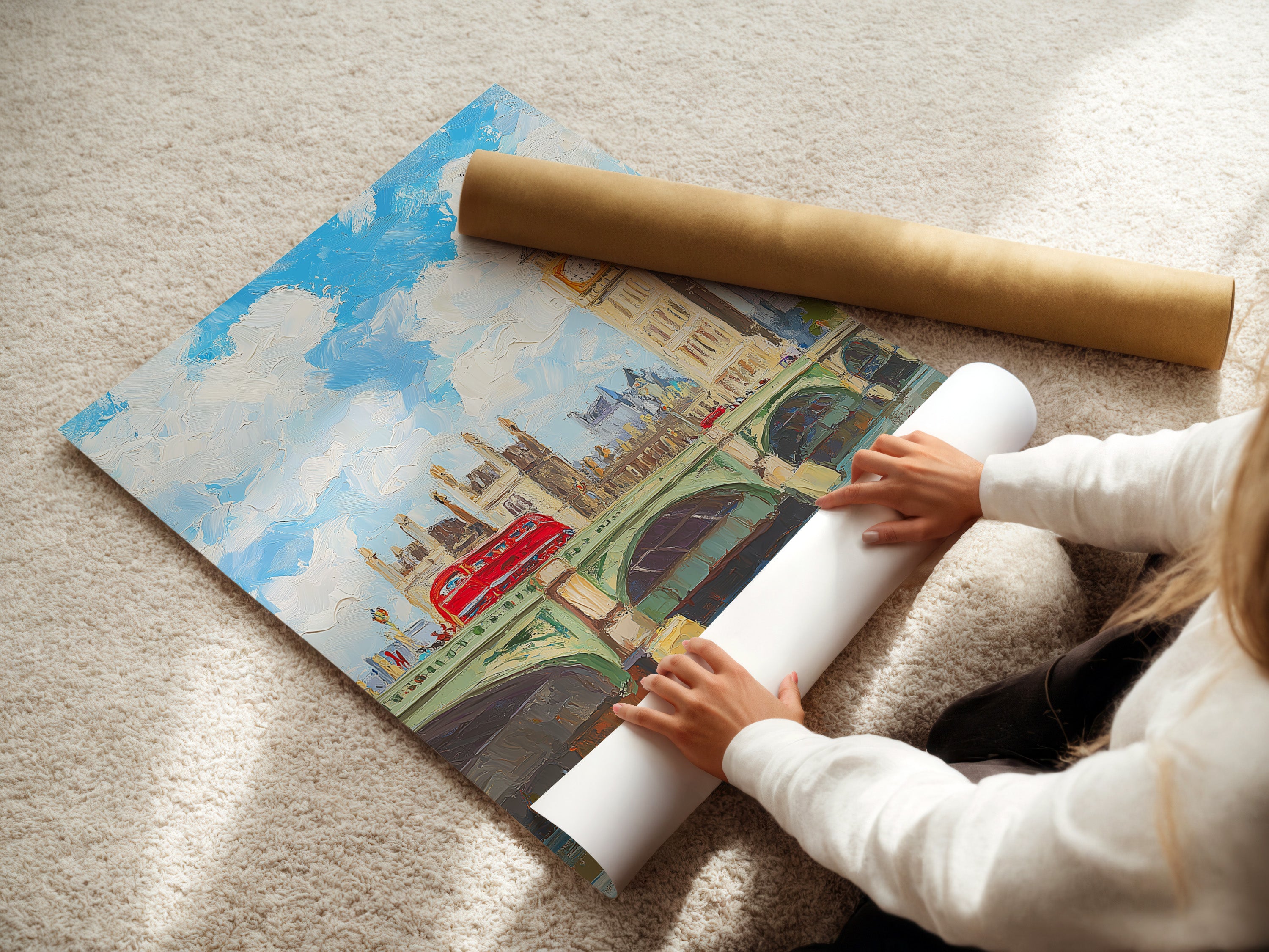 A woman is carefully rolling a fine art poster paper. This high-quality paper ensures your London Big Ben artwork looks its best. Perfect for British cityscape prints. Ideal for detailed art pieces.