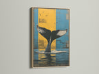 Whale Tail canvas print in an oak frame. This ocean wall art features a whale tail. The backdrop has blue and yellow hues. It is perfect for nautical wall art and coastal decor. This marine canvas enhances any space.