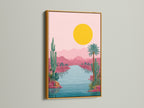 The Desert Oasis artwork is luxuriously displayed in a gold frame. The metallic finish enhances the artwork's beauty. The pink and teal colors create a sophisticated look. It will add a touch of opulence to your wall art collection.