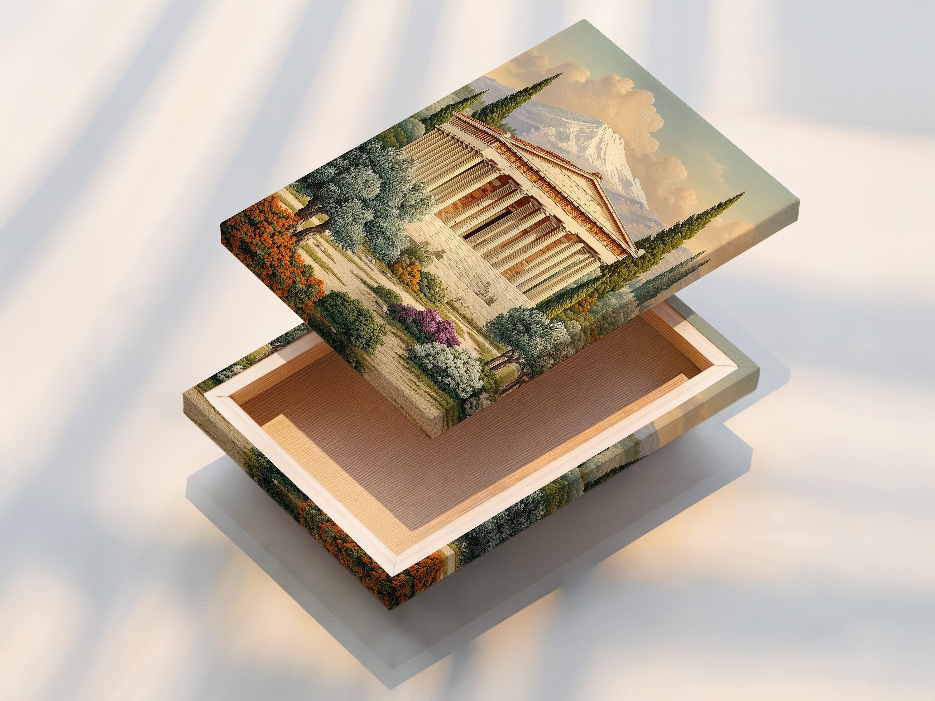 Stretched canvas print of a Greek Temple. The canvas print offers a gallery-wrapped look. This historical wall art is ready to hang and enjoy. Perfect for adding a touch of classical architecture to your space. The beige primary color complements any room.