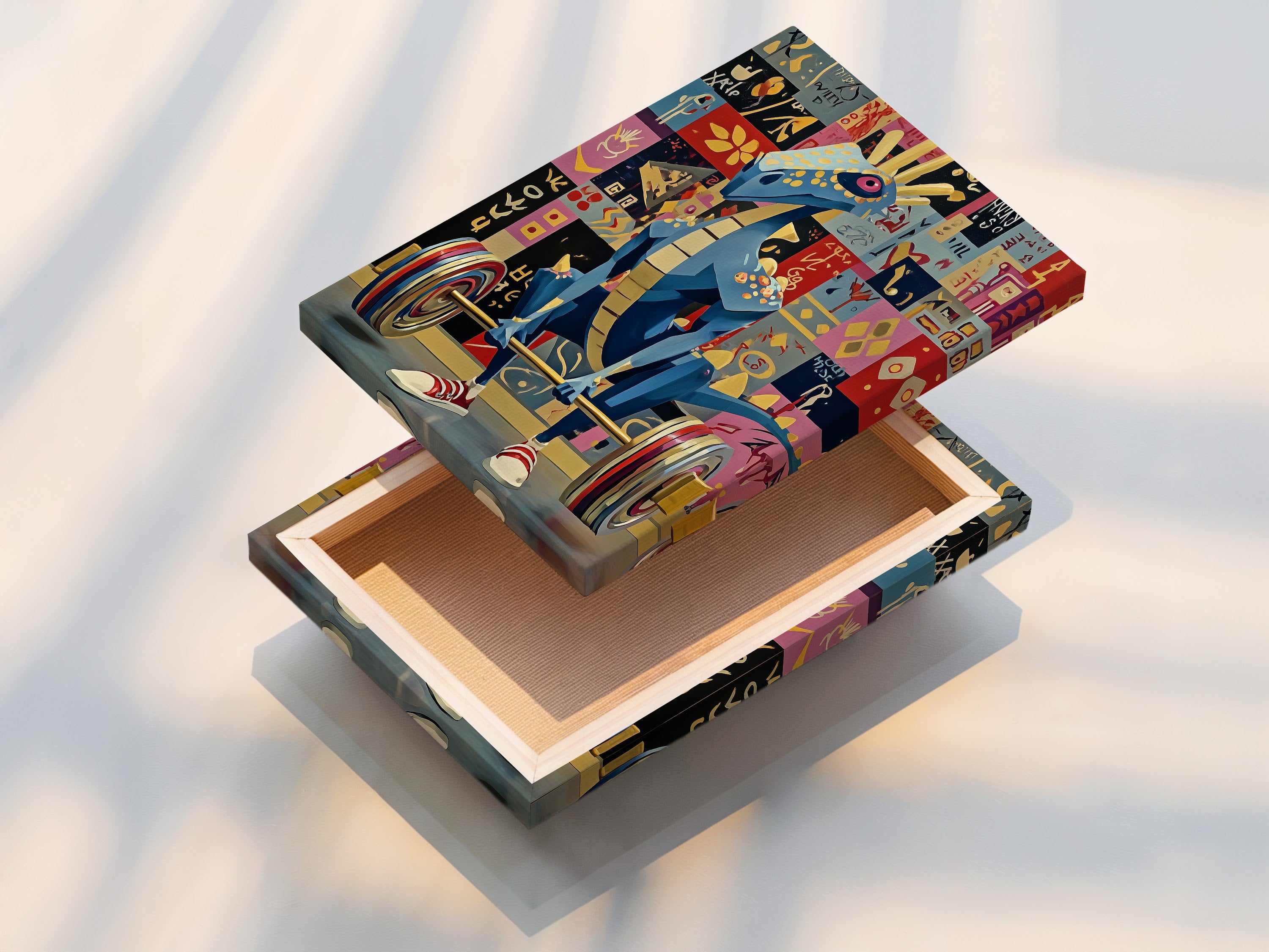 A stretched canvas print of the weightlifting dragon artwork is displayed. The artwork showcases a blue dragon lifting weights. This canvas is ready to hang. It will transform your gym wall decor. This pop art piece adds color and motivation to your workout area.