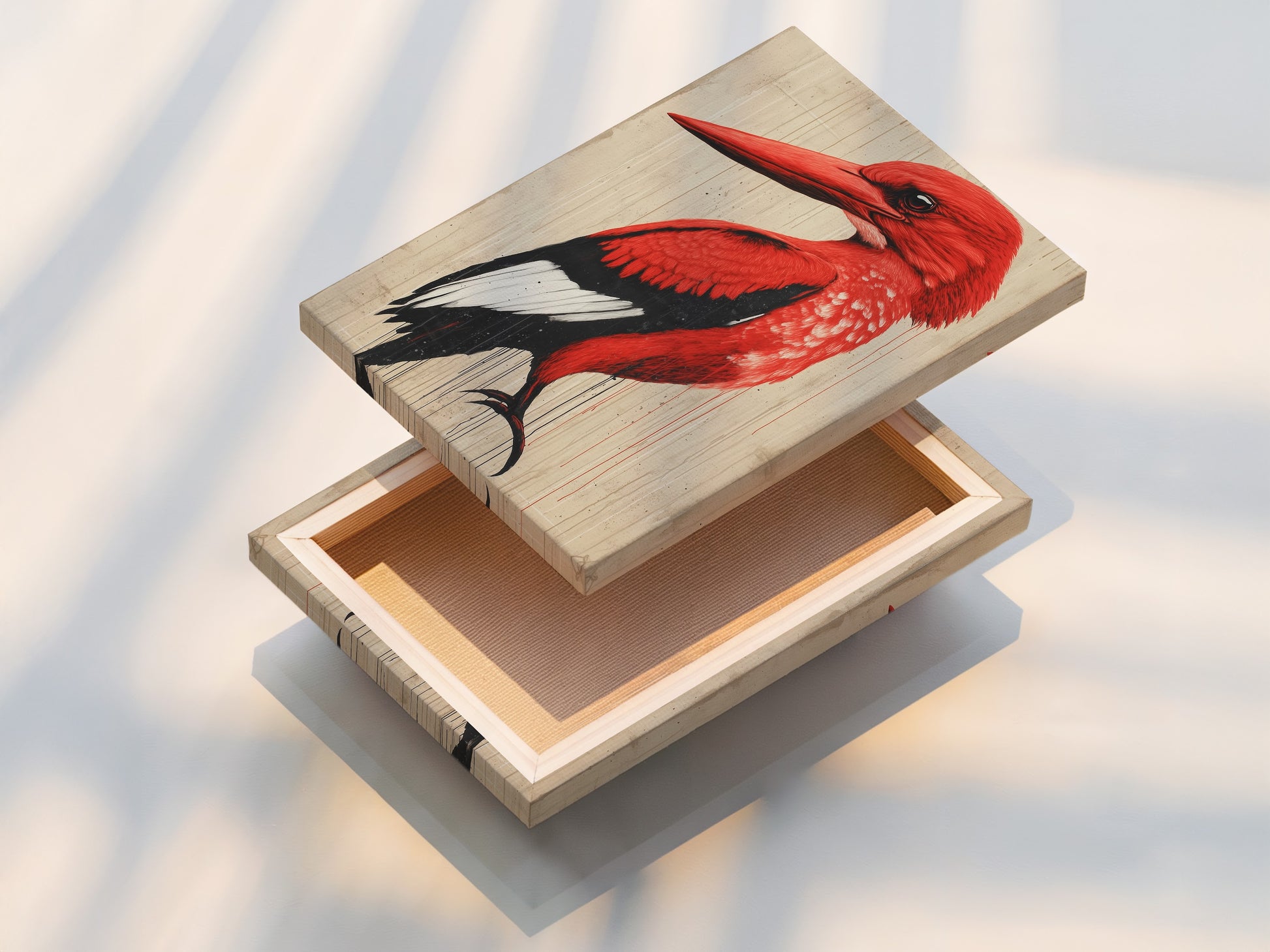 A stretched canvas print featuring a vintage-style red bird artwork. The canvas is stretched perfectly displaying the artwork. Ready to hang this print adds a bold statement to any room. It is a great addition to your art collection.