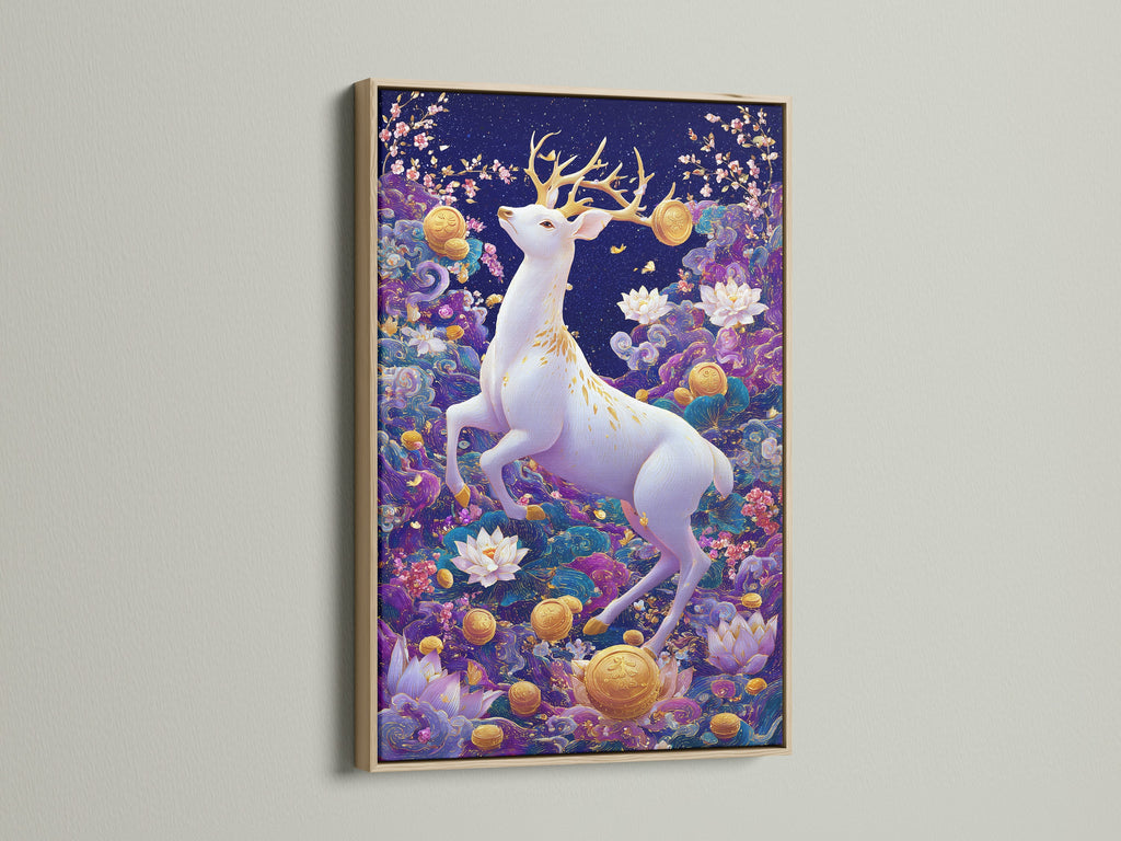 A captivating oak frame showcases a white deer artwork. The mystical forest art has a purple lotus print. It's ideal for homeowners renters and interior designers seeking elevated contemporary wall decor