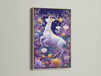 A captivating oak frame showcases a white deer artwork. The mystical forest art has a purple lotus print. It's ideal for homeowners renters and interior designers seeking elevated contemporary wall decor