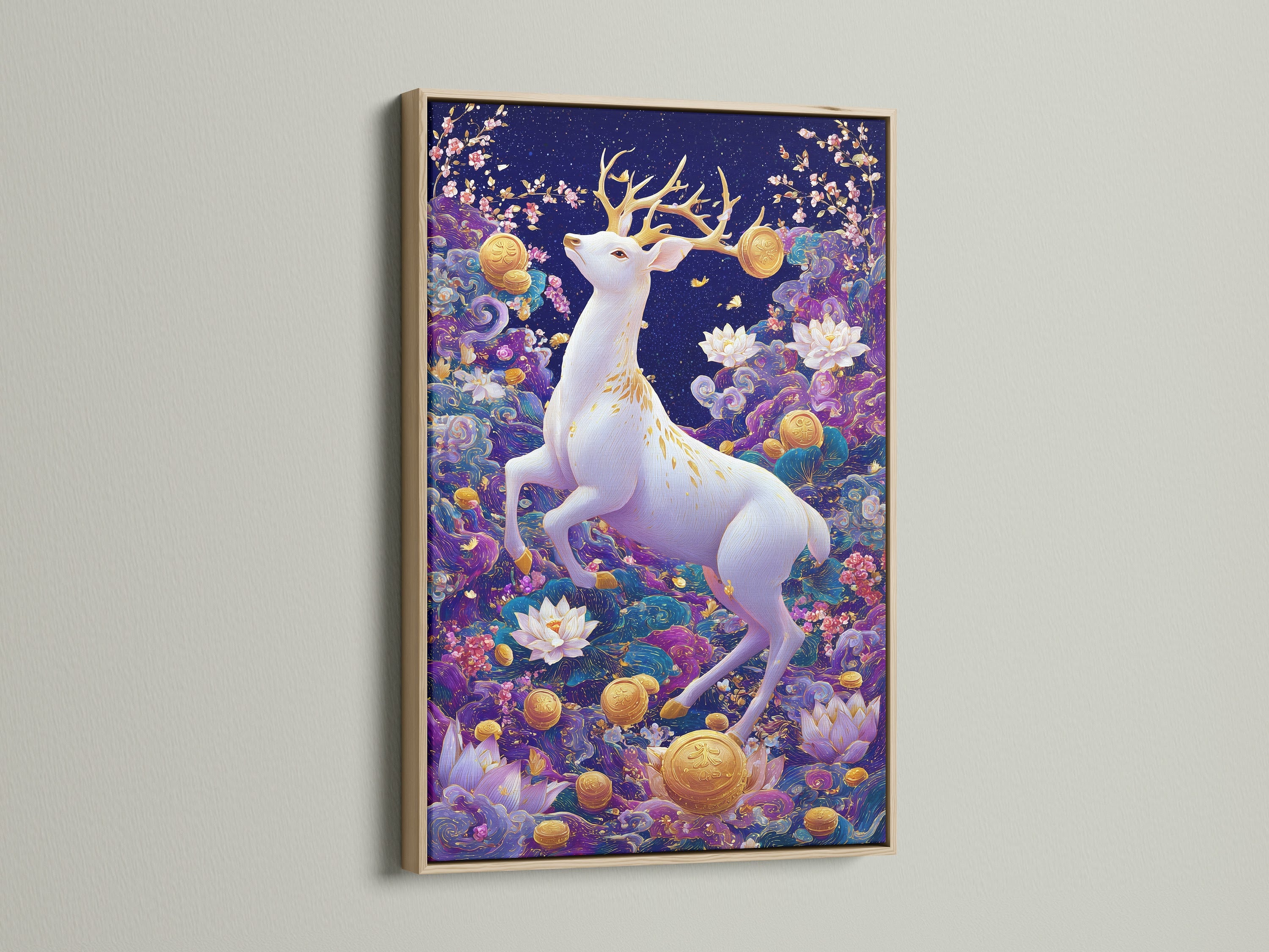 A captivating oak frame showcases a white deer artwork. The mystical forest art has a purple lotus print. It's ideal for homeowners renters and interior designers seeking elevated contemporary wall decor