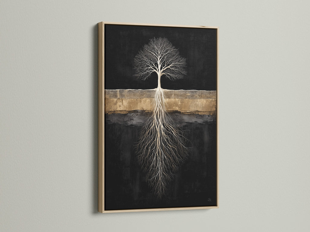The Tree of Life canvas print is showcased in an oak frame. This abstract roots wall art adds warmth to any room. Perfect for homeowners renters interior stylists seeking nature canvas art. Transform your space today.