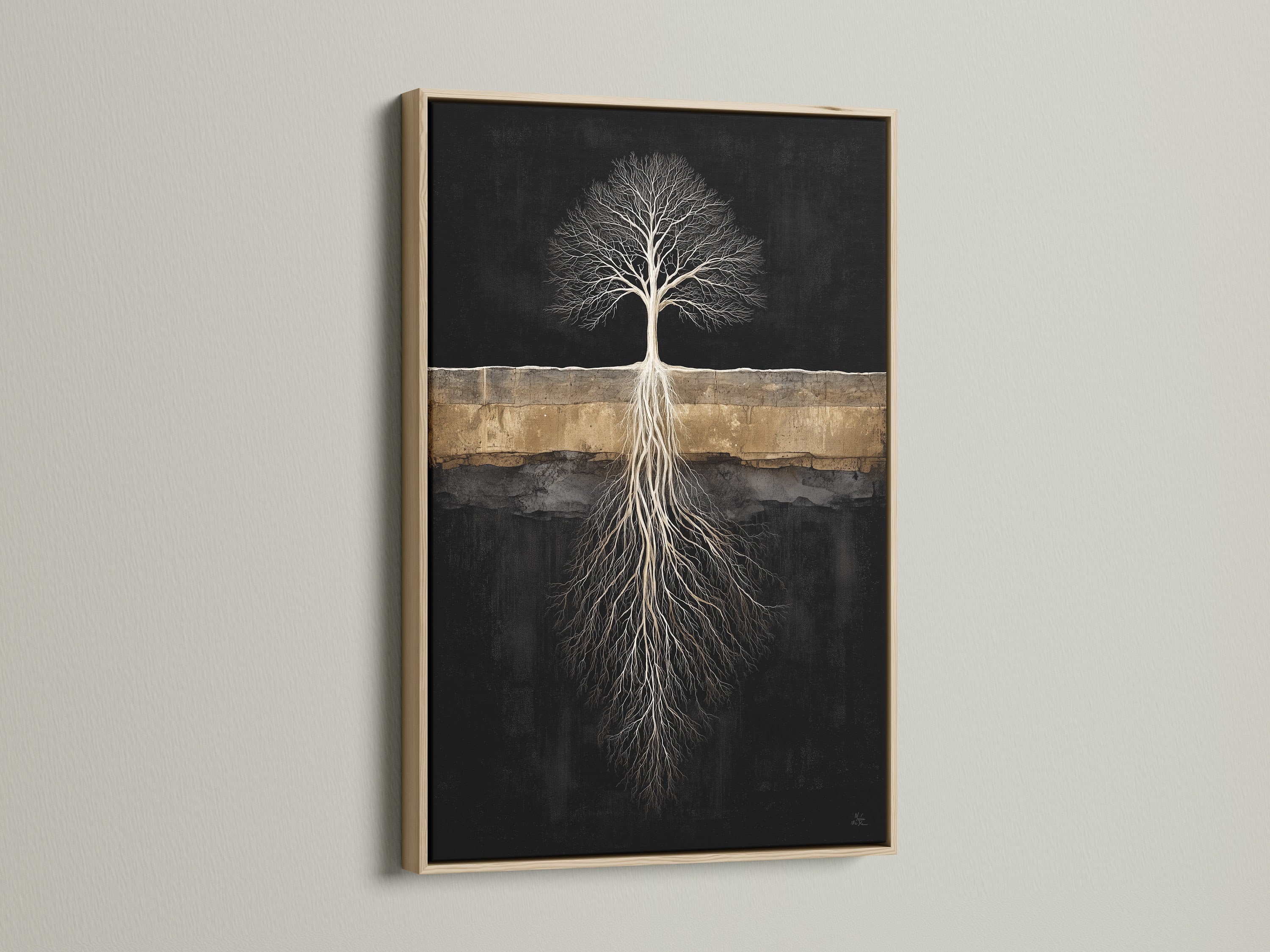 The Tree of Life canvas print is showcased in an oak frame. This abstract roots wall art adds warmth to any room. Perfect for homeowners renters interior stylists seeking nature canvas art. Transform your space today.