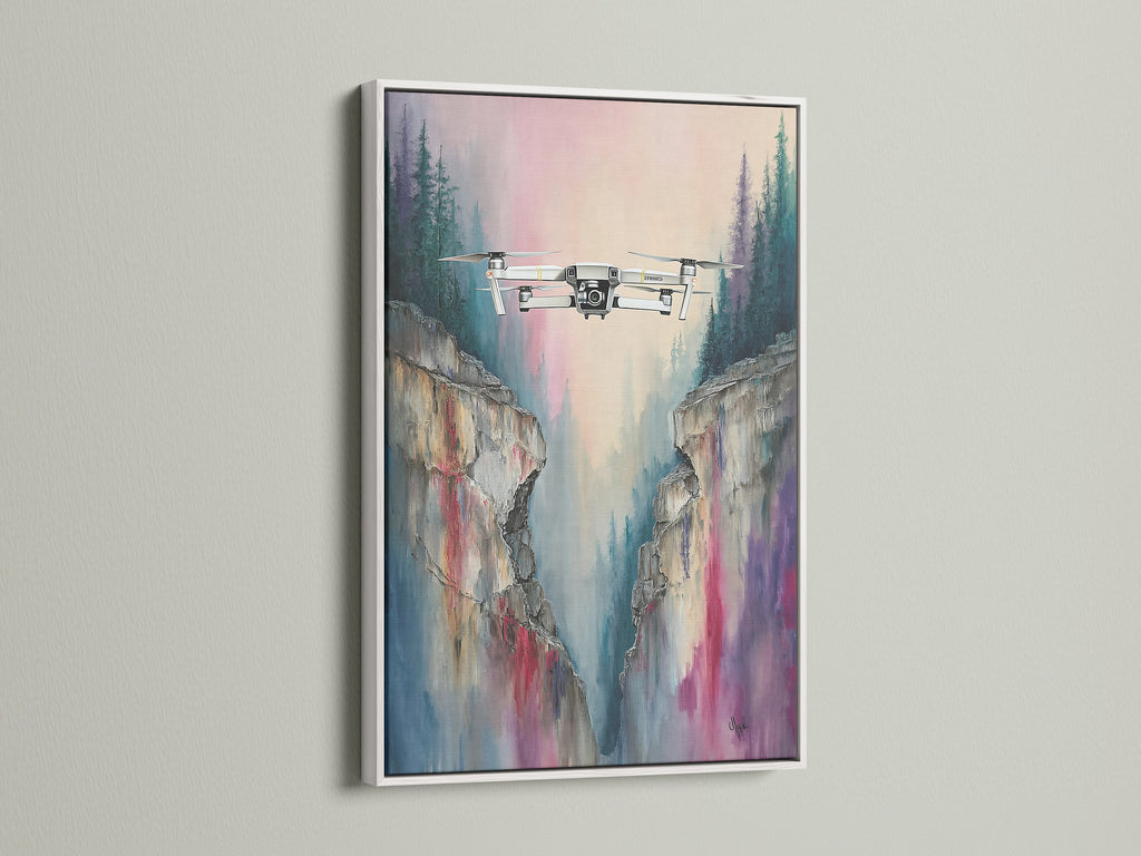 Drone flight artwork showcasing a stunning mountain cliff. The white frame enhances the aerial view photography. This piece is perfect as office wall decor or nature-inspired artwork. The modern artwork is beautifully framed in white. It adds a clean touch to any room.