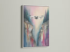 Drone flight artwork showcasing a stunning mountain cliff. The white frame enhances the aerial view photography. This piece is perfect as office wall decor or nature-inspired artwork. The modern artwork is beautifully framed in white. It adds a clean touch to any room.