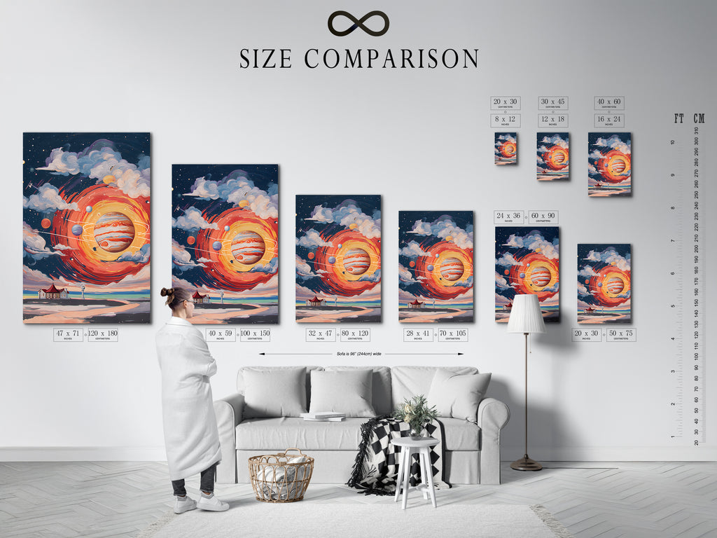 A size comparison chart is shown in an interior setting. The space art canvas print is available in multiple sizes. Find the perfect cosmic lighthouse artwork to fit your space and style.