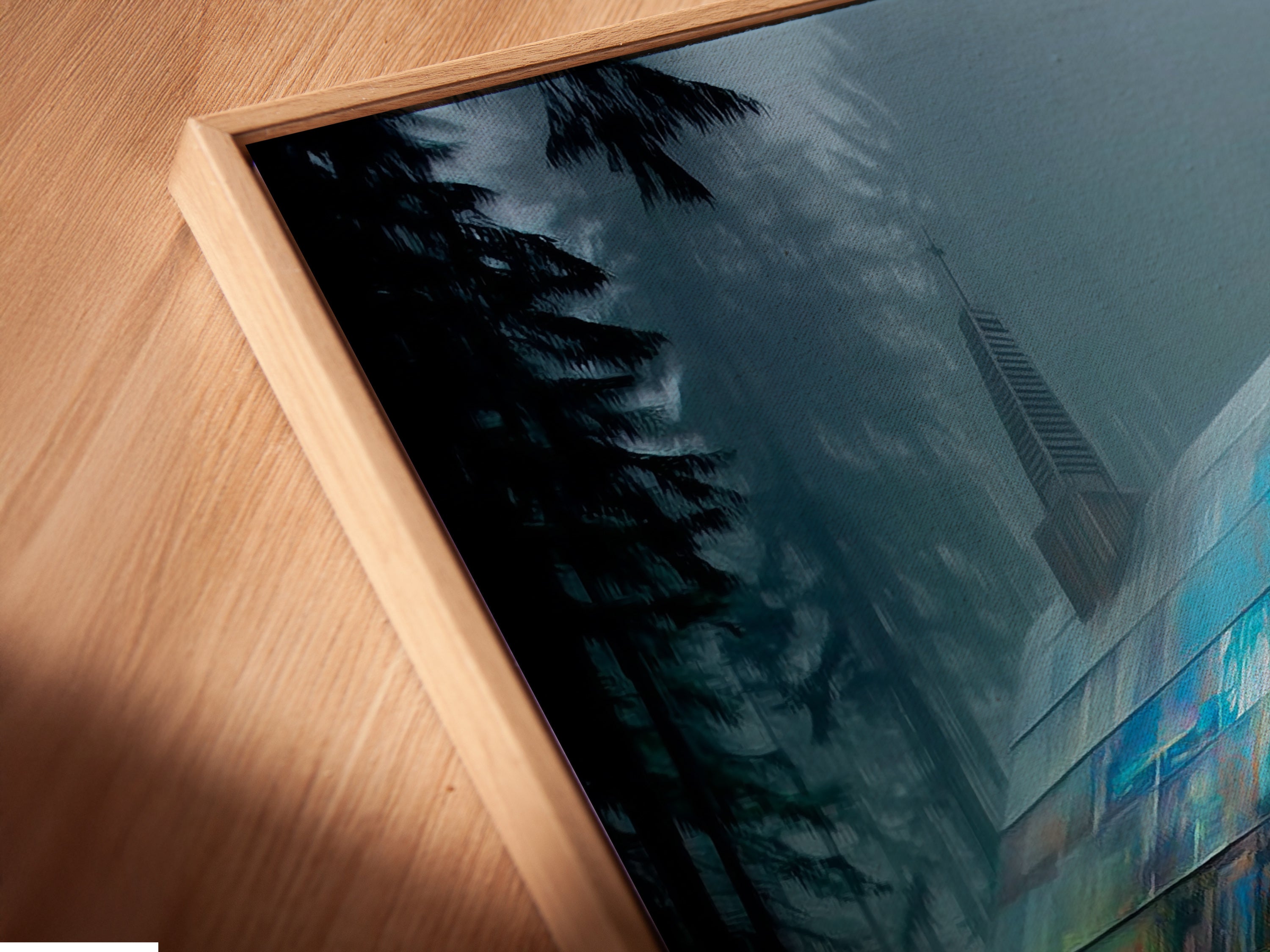 This is a close-up of a canvas print in a floating frame. The art is a cabin in the woods. The artwork enhances any space. Perfect for adding a touch of nature. Ideal for cottagecore and nature-themed decor.