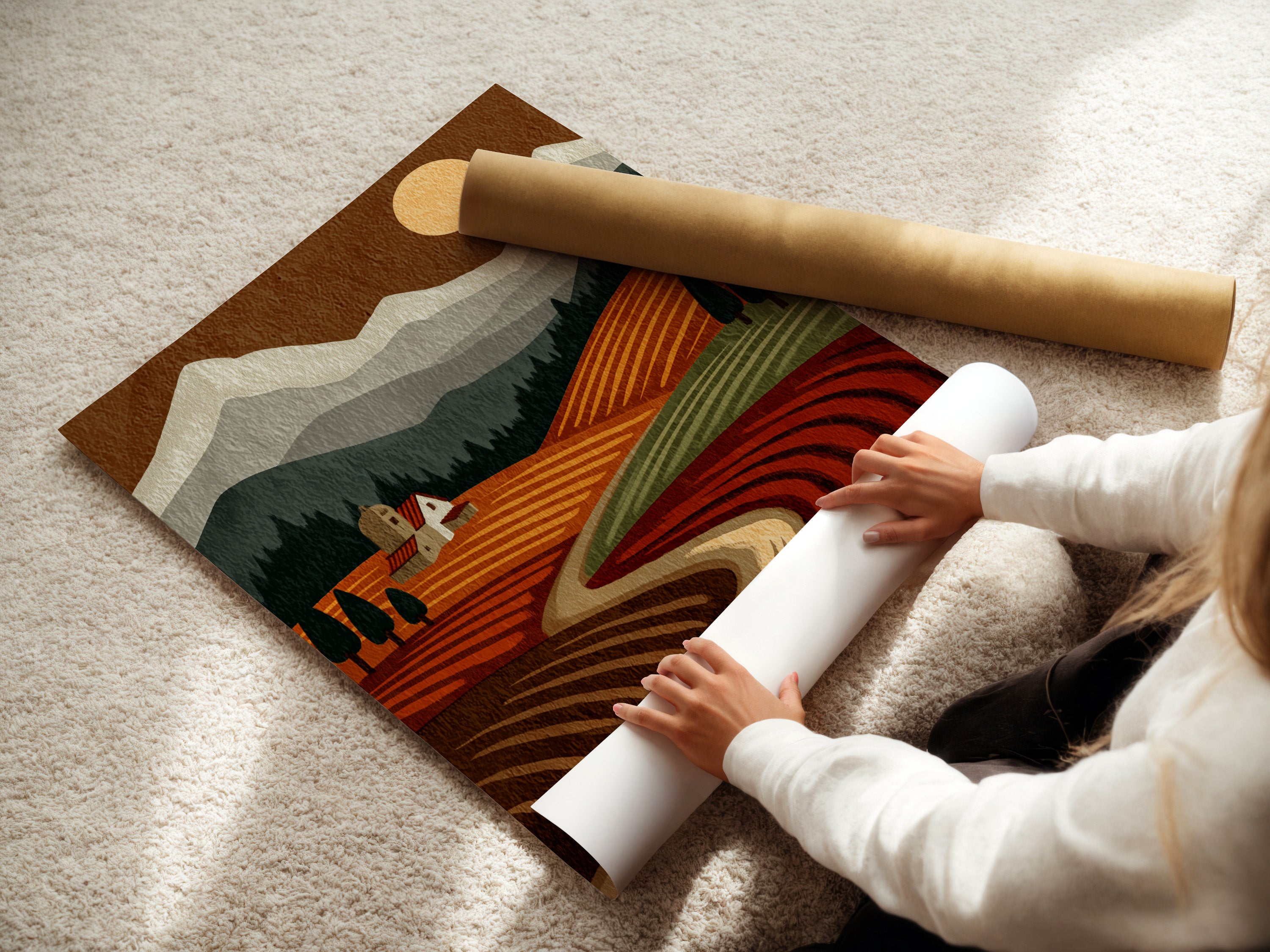 A woman is carefully rolling a fine art poster paper. This shows the care and attention to detail in our production process. The fine art poster paper ensures a high-quality print. Ready to be framed and displayed.
