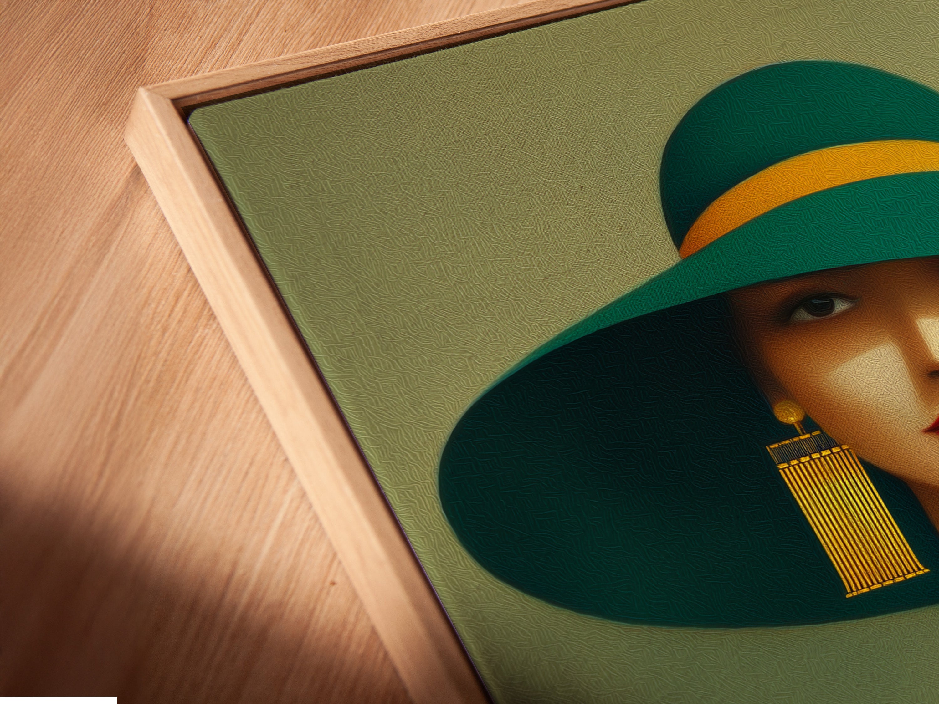 A close-up angled view shows a canvas print in a floating frame. The artwork is an elegant woman portrait in emerald green. Gold earrings and a matching hat add to the art deco style. This fashion wall decor enhances any space.
