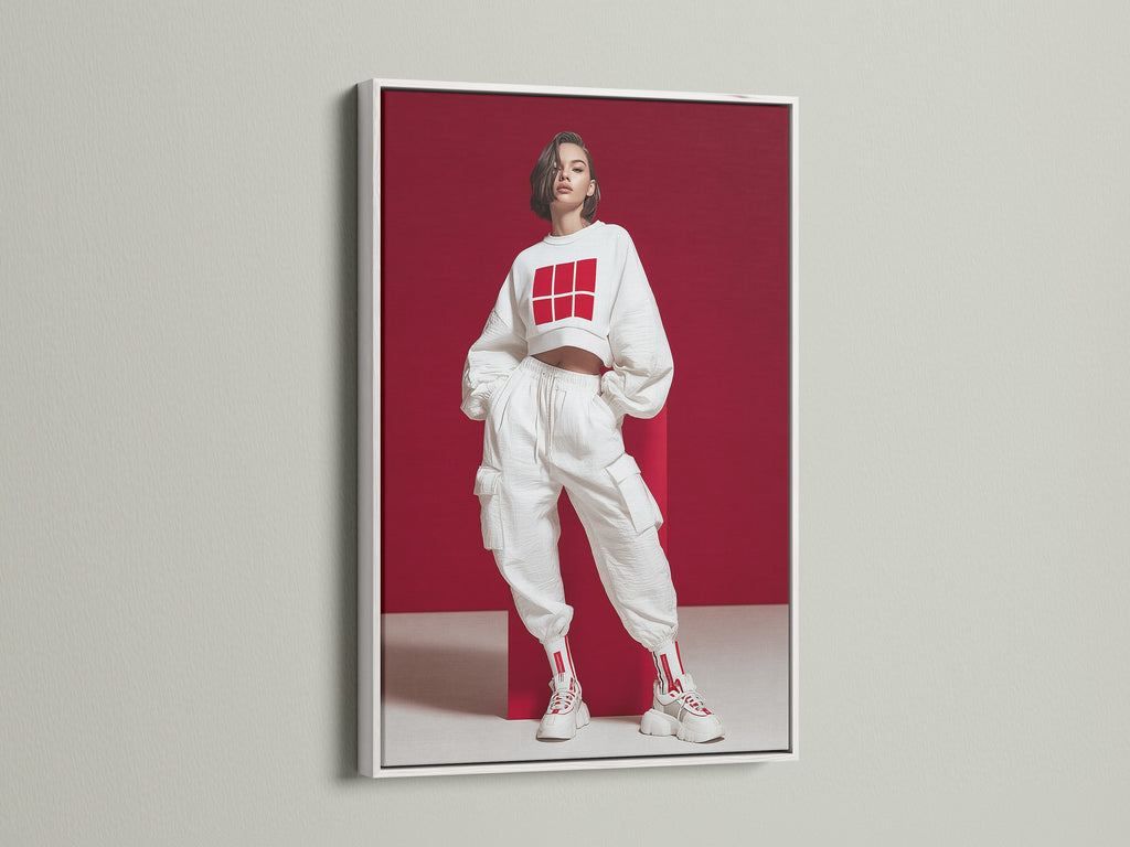 Streetwear Fashion Art Print in a white frame. This contemporary print showcases a modern urban style. The red and white decor is perfect for a teen room. This fashion poster adds a trendy touch to any wall.