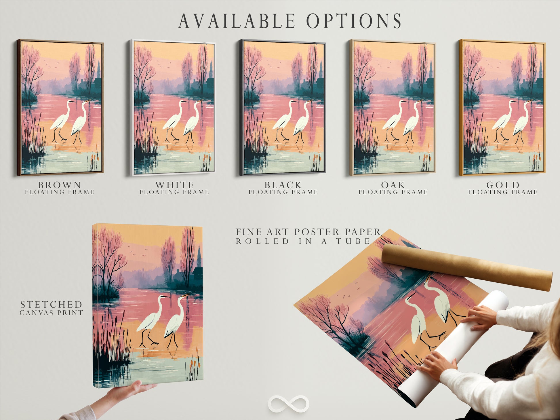 Explore available options including stretched canvas print fine art poster paper and floating frame. Select the perfect format for your heron artwork. The bird canvas suits various decor styles. Find your serene pastel wall art today.