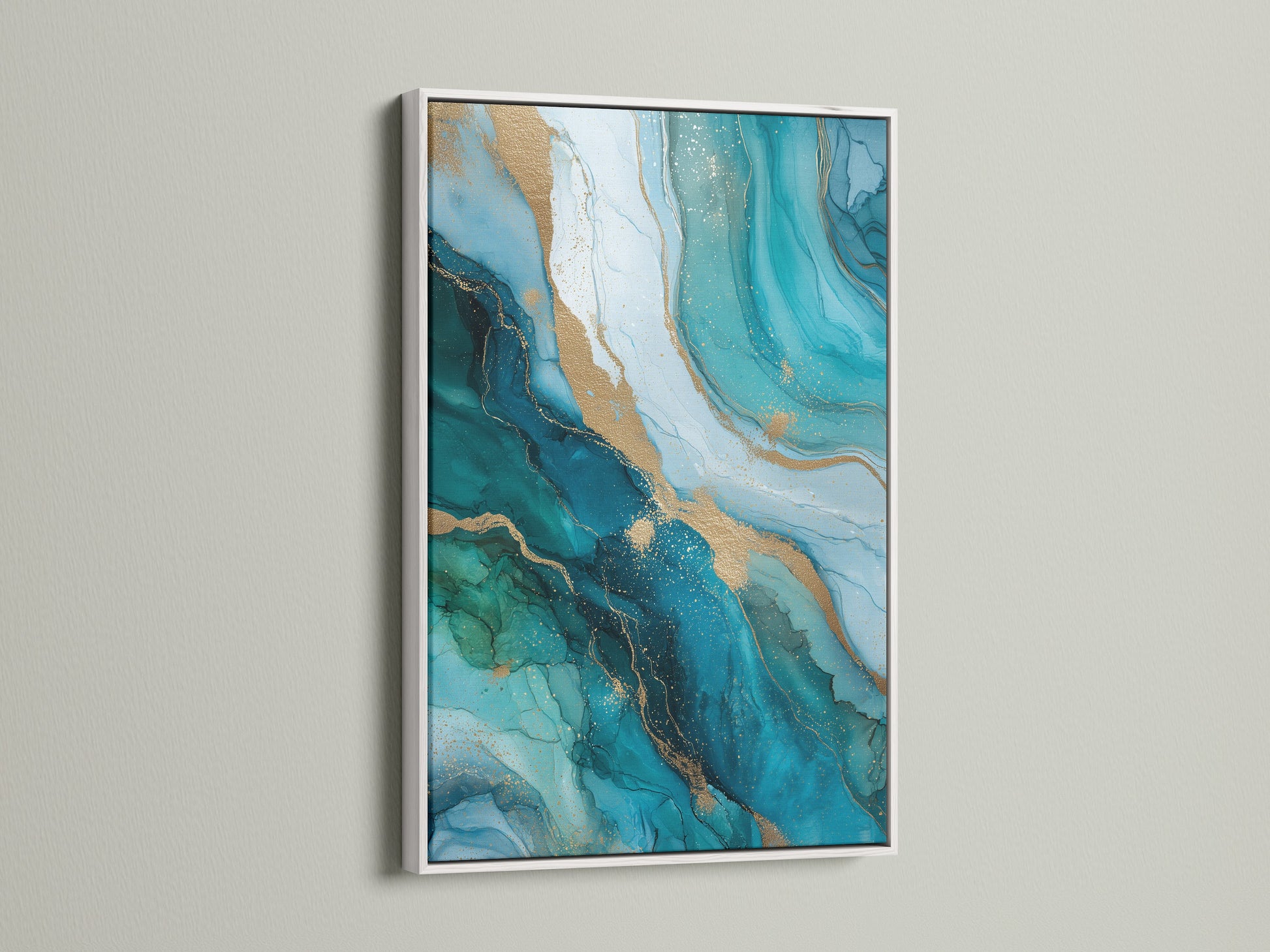 This abstract ocean artwork with teal blue and gold is framed in white. The clean white frame enhances the modern artwork. Perfect for adding a contemporary touch to your bedroom wall decor. Enhance your space with this beautiful piece.