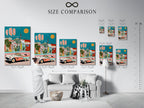 This is a size comparison chart displayed in an interior setting. The chart helps you visualize different sizes of artwork. You can see how each size fits in a real room. This is useful for choosing the perfect artwork for your space.