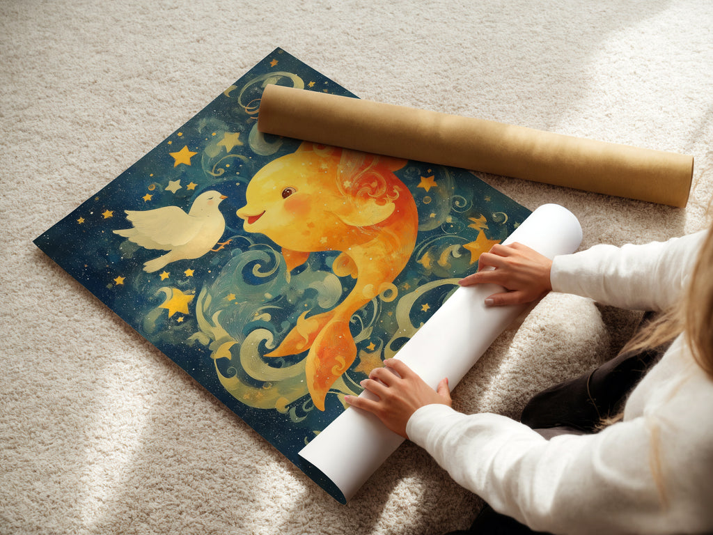 A woman is carefully rolling a fine art poster paper featuring the Celestial Goldfish artwork. This nautical print is perfect for adding a whimsical touch to any space. Ideal for kids rooms or nurseries. The fine art poster paper ensures high-quality vibrant colors for this marine artwork.