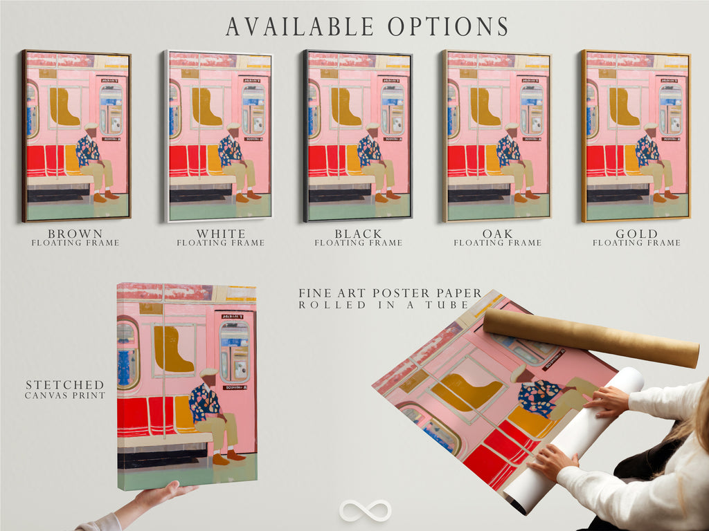 Available options for the Pink Subway Art Print. Choose from a stretched canvas print fine art poster paper or floating frame. This modern urban transit art offers versatile display styles. The contemporary city life poster is perfect for any space. Select the option that best suits your decor.