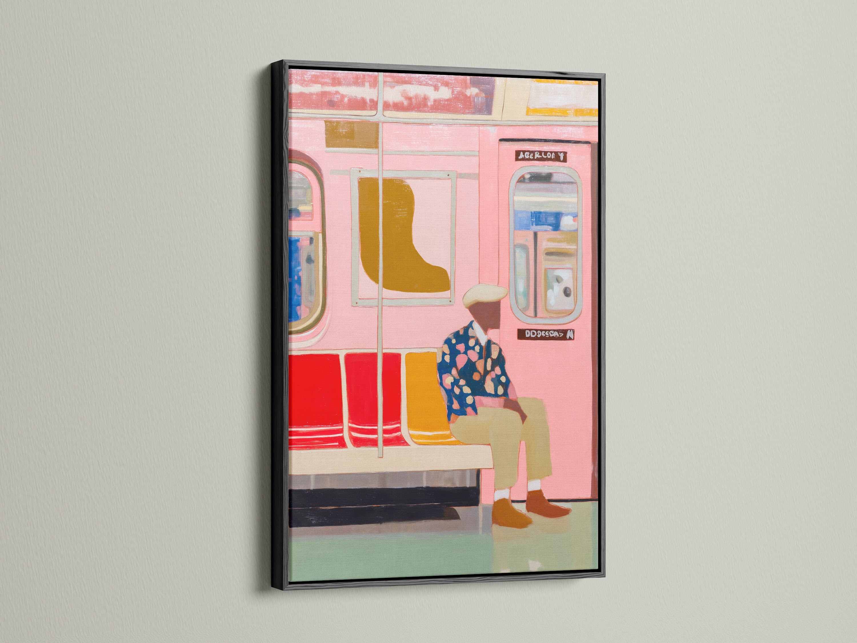 Pink Subway Art Print in a black frame. This urban artwork is a contemporary city life poster for your apartment. The artwork adds a touch of pink aesthetic to your space. It is ideal for homeowners and renters. The metro art brings public transport vibes to your walls. This art is perfect for modern spaces.
