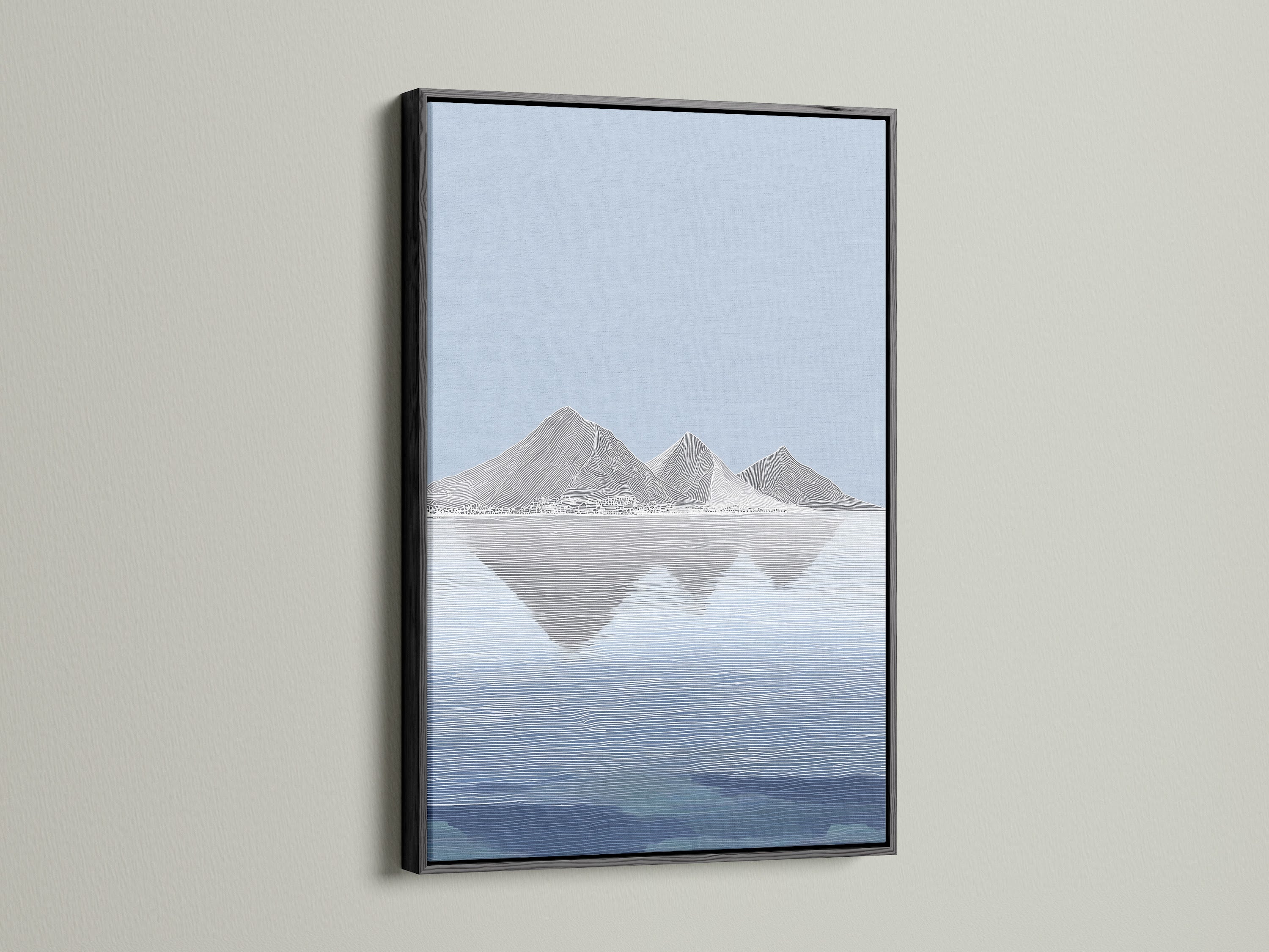 A striking black frame displays a modern artwork. The black frame adds a bold touch to any artwork. The dark frame creates a focal point in any room. Enhance your artwork with a sleek black frame. This is a timeless choice for displaying art. See how it complements your piece.