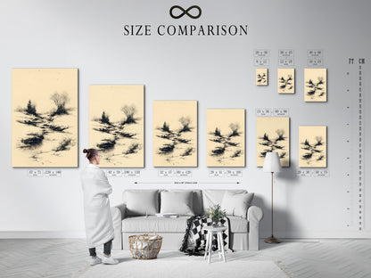 A size comparison chart is shown in an interior setting. The chart helps visualize art sizes. Choose the perfect size for your space. This chart makes it easy to decide. Find the right fit for your artwork. Sizing is important.