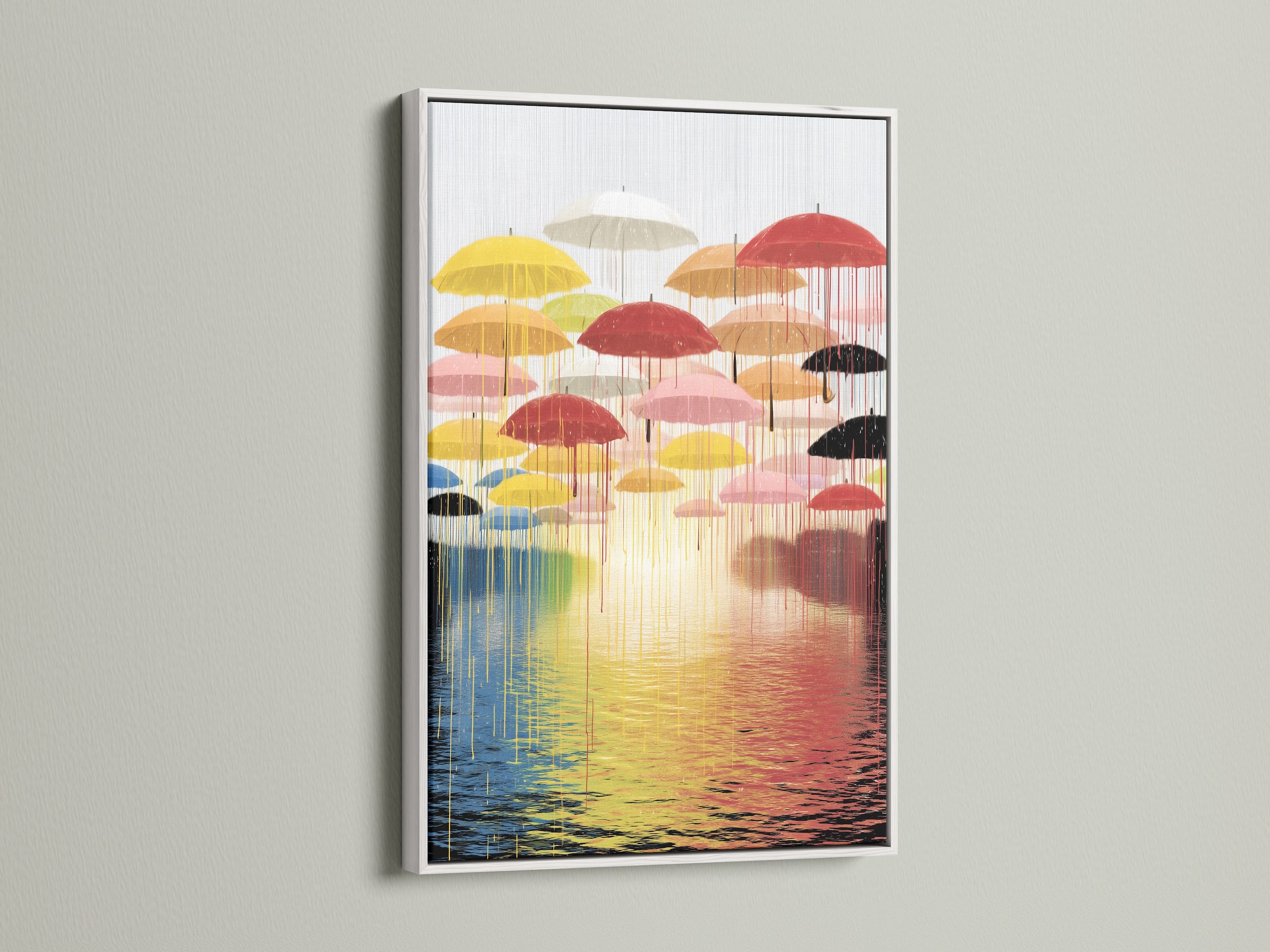 See how the 'Umbrella' artwork is beautifully presented in a white frame. This modern abstract piece features a colorful reflection wall art. The white frame offers a clean crisp look. It enhances the artwork's vibrant colors. It is perfect for brightening up any space with unique wall art.
