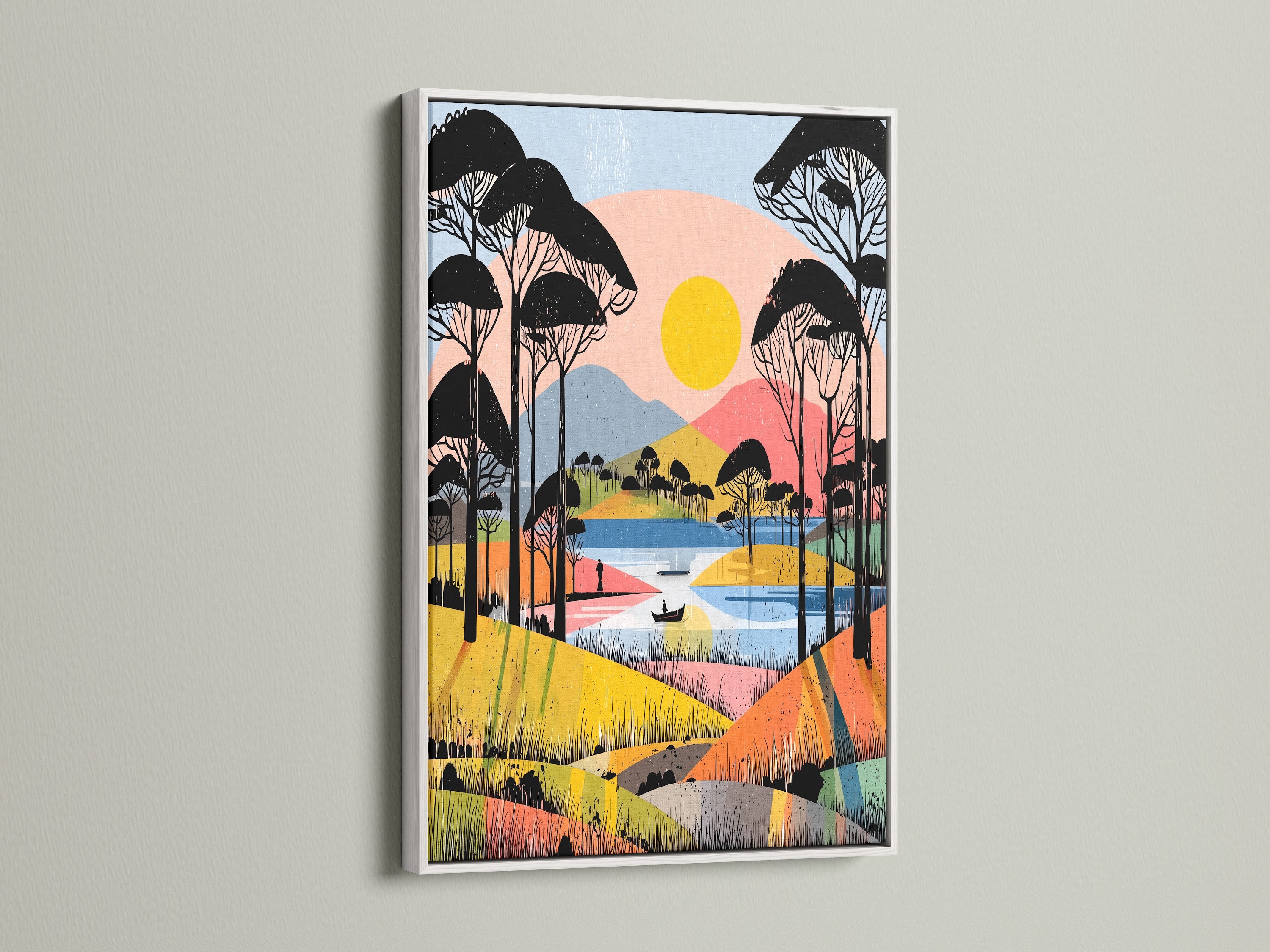 This square landscape canvas print is displayed with a white frame. This abstract artwork features a serene lake scene with geometric elements. The colorful shapes bring a modern vibrant touch. The white frame complements the artwork for a clean look.