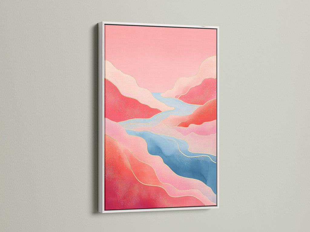 This white frame highlights an abstract landscape. The pink and blue tones bring a modern nature feel to the artwork. Ideal abstract wall decor for a minimalist bedroom wall art style.