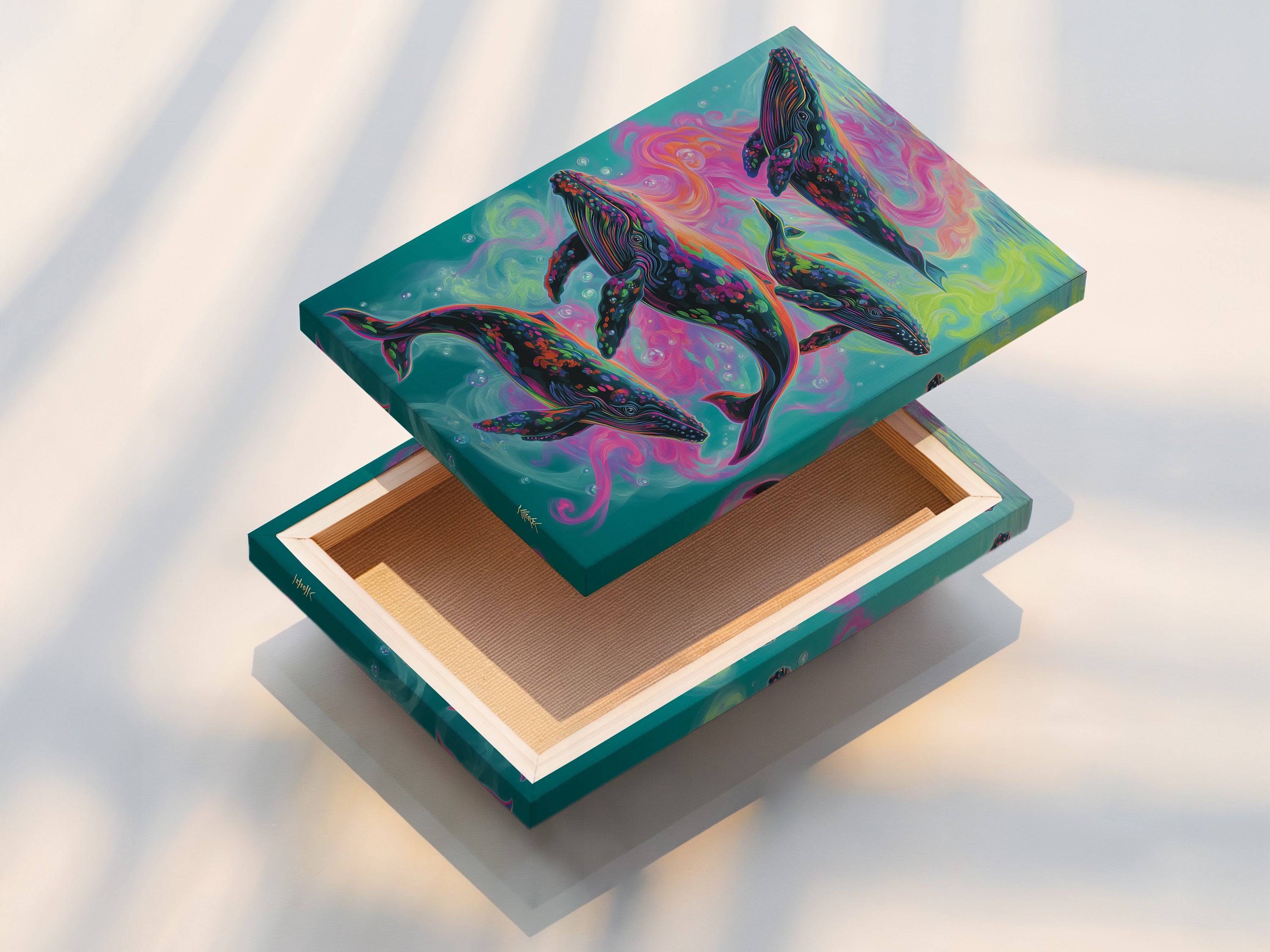 A stretched canvas print showcases a psychedelic ocean artwork with colorful whales. This vibrant marine life art adds a unique touch to any room. The stretched canvas provides a gallery-ready appearance. Perfect for adding a splash of color and whimsy to your walls. Ideal for bohemian and eclectic styles. A captivating piece for ocean and art enthusiasts.