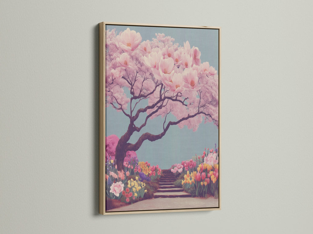 A stunning Japanese garden canvas print featuring a cherry blossom tree. The artwork is framed in an oak frame. The pink sakura wall art brings the beauty of spring into your home. It's ideal for bedroom decor. This botanical print enhances living rooms bedrooms and offices with its serene zen decor.