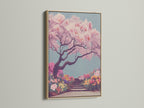 A stunning Japanese garden canvas print featuring a cherry blossom tree. The artwork is framed in an oak frame. The pink sakura wall art brings the beauty of spring into your home. It's ideal for bedroom decor. This botanical print enhances living rooms bedrooms and offices with its serene zen decor.