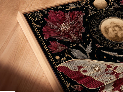 A close-up angled view reveals a canvas print in a floating frame. The celestial moth artwork blends with gothic botanical art. Moon phases create an alluring dark academia aesthetic. It's mystical artwork.