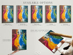 Available options for the Dancing Figures artwork. Choose between a stretched canvas print fine art poster paper or a floating frame. Elevate your decor with vibrant movement wall art.