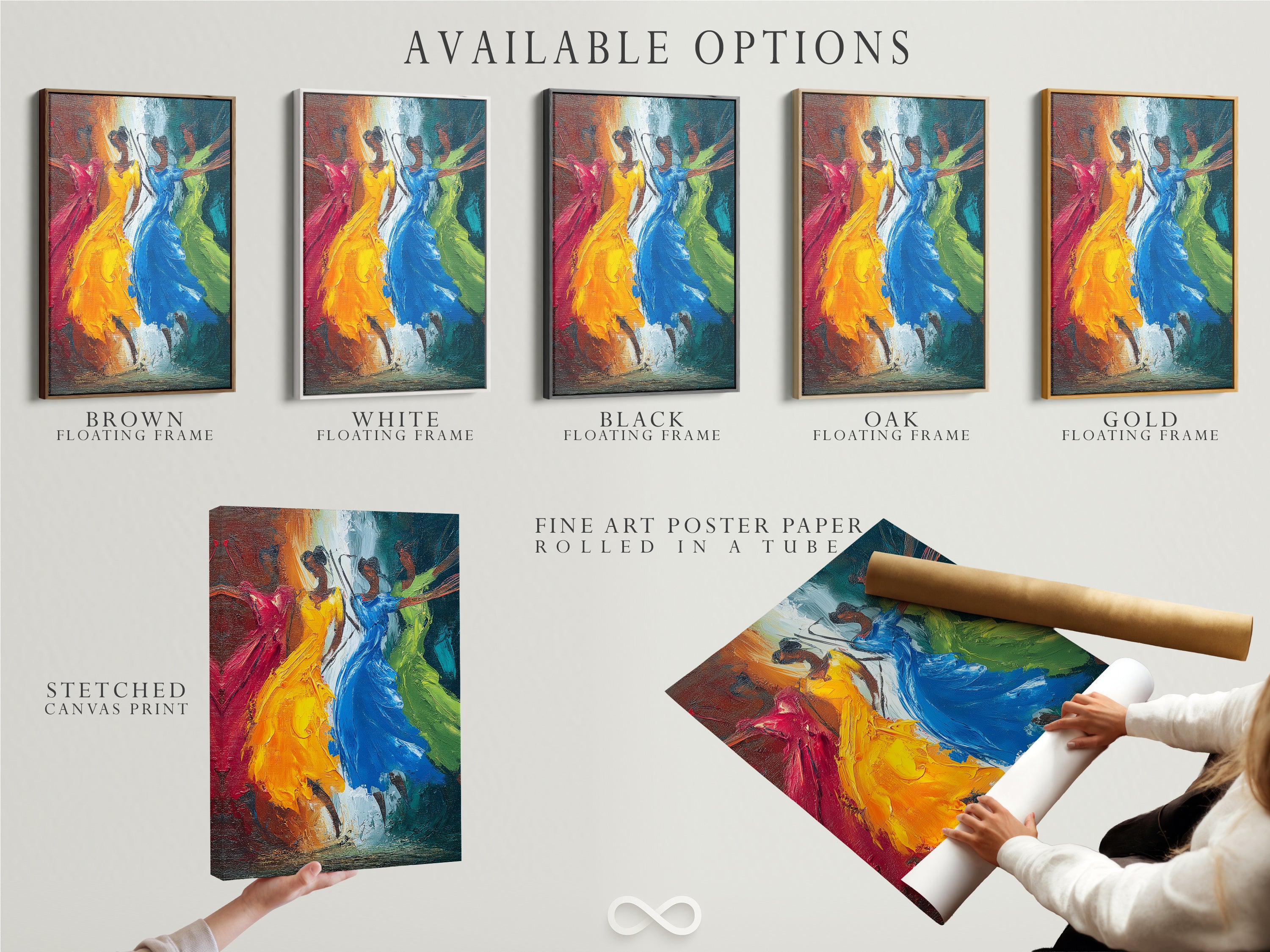 Available options for the Dancing Figures artwork. Choose between a stretched canvas print fine art poster paper or a floating frame. Elevate your decor with vibrant movement wall art.
