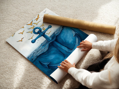 A woman carefully rolling a fine art poster paper of an anchor print. This nautical artwork is perfect for creating coastal interiors. Ideal for those decorating beach houses. A great way to bring the ocean into your home. This is a wonderful ocean lover gift.