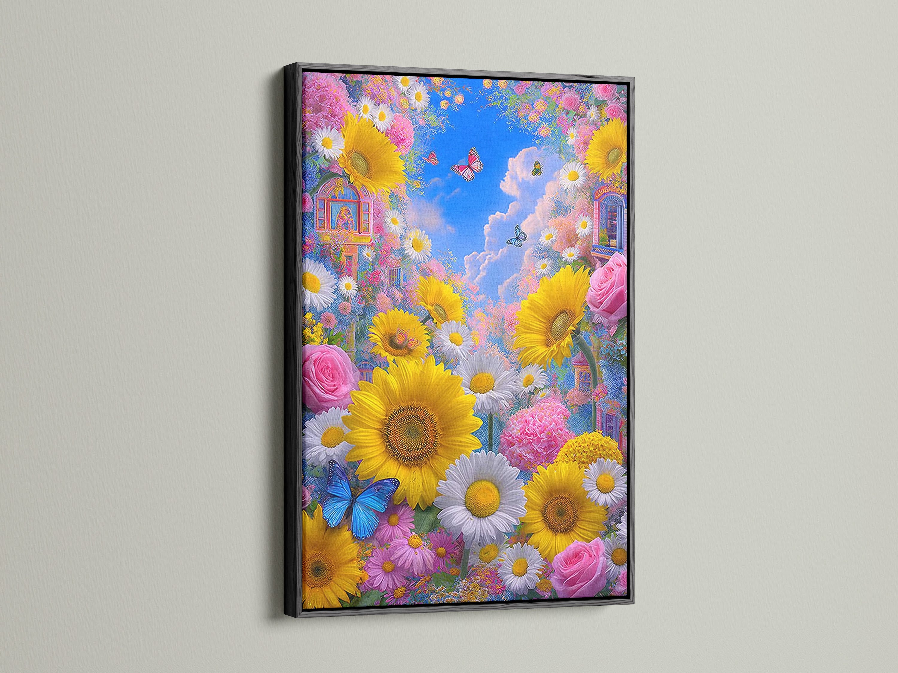 Sunflower Garden artwork in a black frame. This butterfly canvas offers colorful botanical prints. Enhance your home with summer flowers art. The nature wall decor suits bohemian farmhouse or eclectic styles. Great for sunrooms breakfast nooks and studios. Add vibrant wall art to your space.