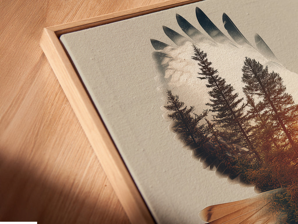 A close-up angled view of the Eagle Forest canvas print in a floating frame. The floating frame gives the artwork a modern gallery look. This wildlife canvas appears to float on the wall. It adds depth and dimension to the forest artwork. Perfect for minimalist or modern interiors.