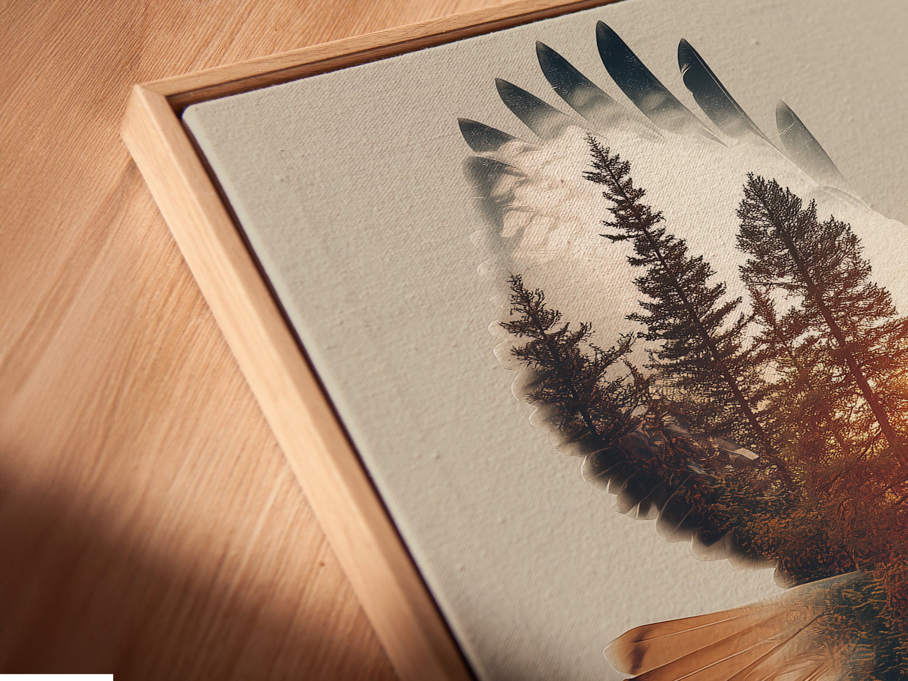 A close-up angled view of the Eagle Forest canvas print in a floating frame. The floating frame gives the artwork a modern gallery look. This wildlife canvas appears to float on the wall. It adds depth and dimension to the forest artwork. Perfect for minimalist or modern interiors.