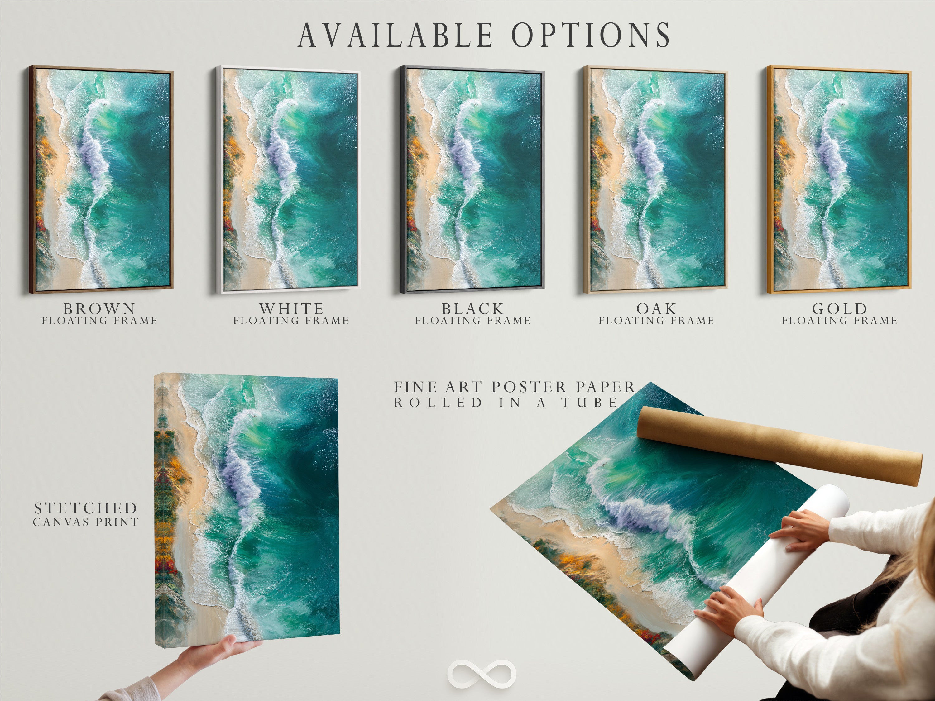 Available options include stretched canvas print fine art poster paper and floating frame. Choose the best format for your ocean waves artwork. Options cater to diverse decor styles and preferences. Personalize your space.