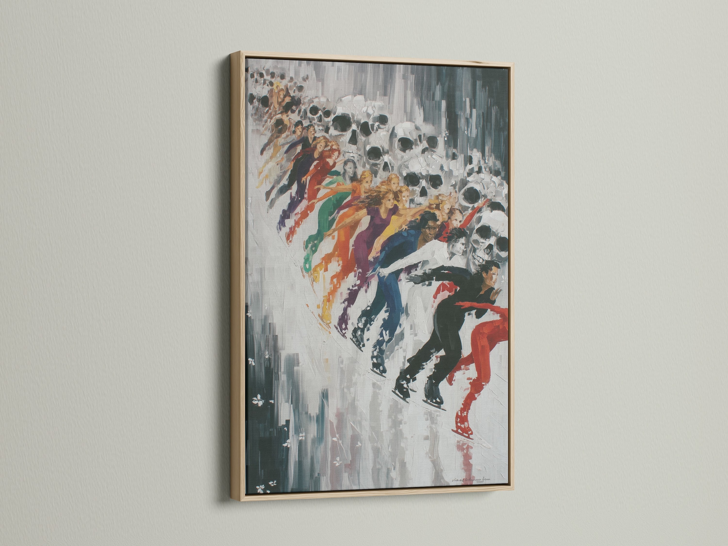 Abstract Skull Art Print with an oak frame. The oak frame enhances the artwork's contemporary style. Ideal for living rooms bedrooms and creative studios seeking a artistic vibe. This is a unique piece of wall art.