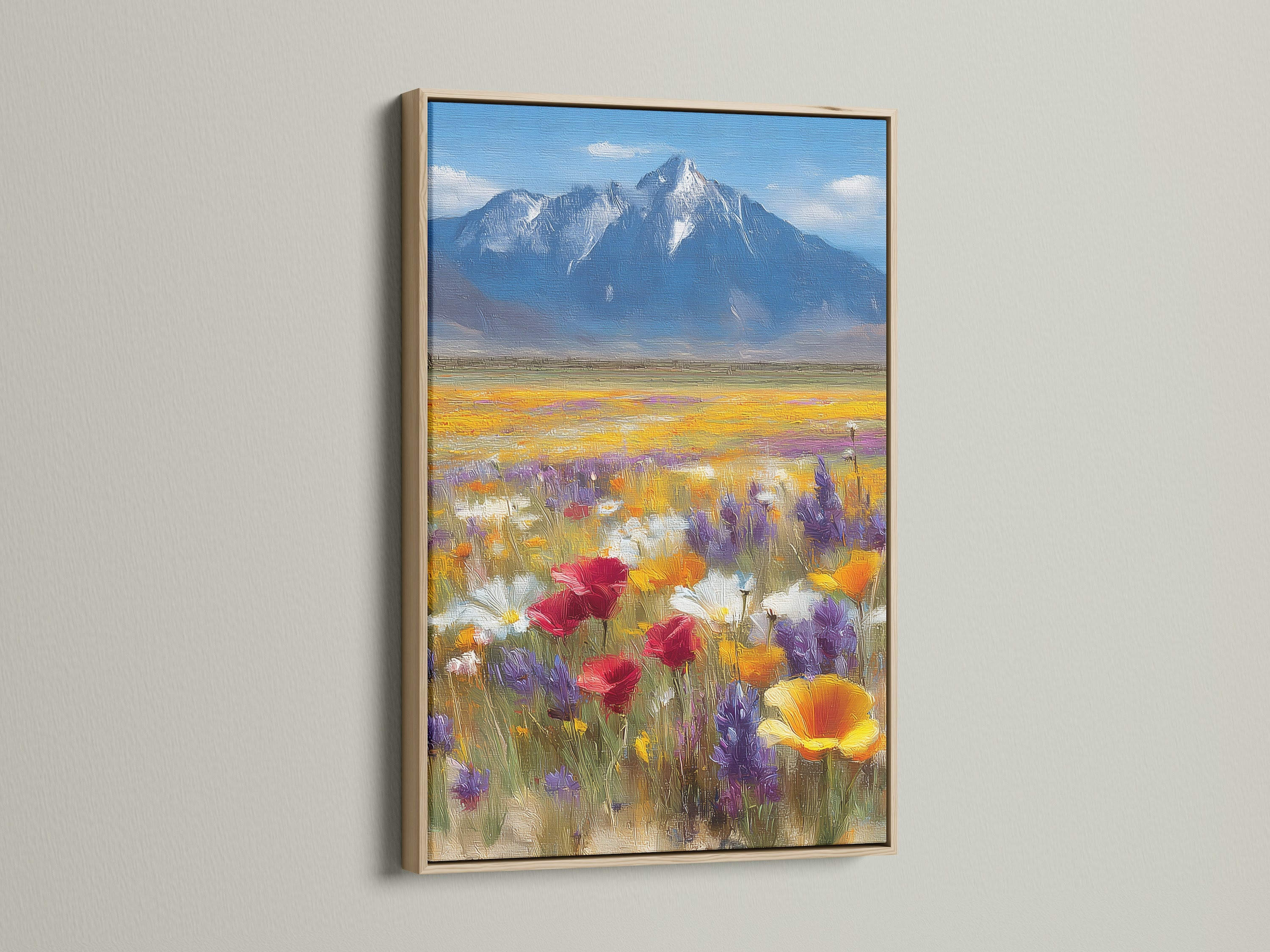 Wildflower meadow artwork in an oak frame. The mountain landscape wall art adds natural beauty to any space. The vibrant poppy field print brings a colorful and lively touch. Ideal for living rooms or bedrooms seeking country and farmhouse style decor. Discover the charm of floral landscape art.