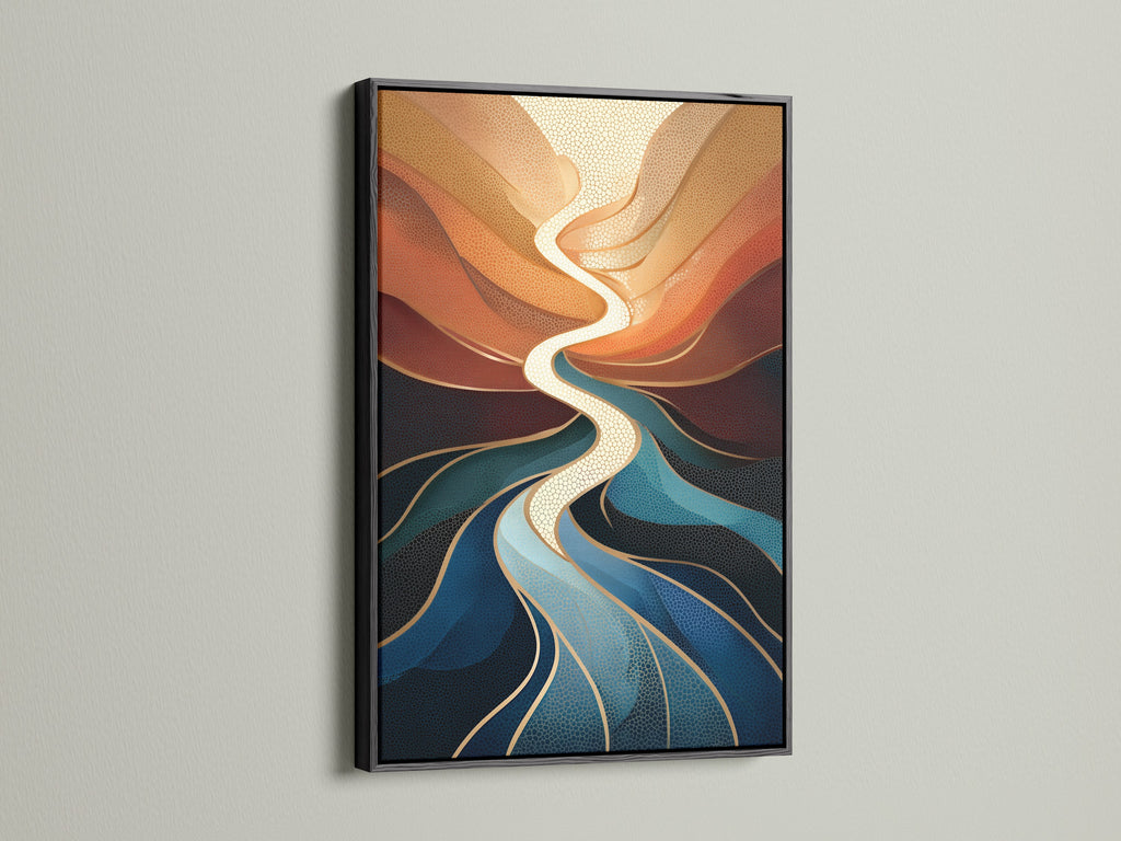 Abstract River Canvas Print displayed in a black frame. The flowing teal and orange artwork creates a modern vibe. This contemporary art piece is striking. A black frame adds a bold touch to this canvas print.