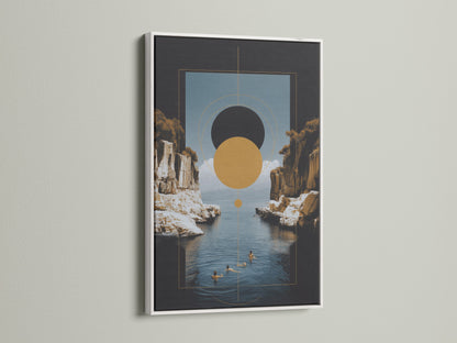 A Geometric Seascape artwork with a white frame. This modern wall art showcases abstract coastal elements in earth tones. The clean white frame enhances the artwork's minimalist appeal. Perfect for a living room bedroom or office.