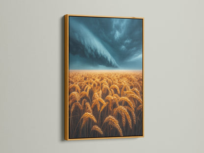Wheat Field artwork in a gold frame. The artwork displays a golden wheat field beneath a stormy sky. This piece adds a touch of luxury to rustic themes. Great addition to Farmhouse wall art.