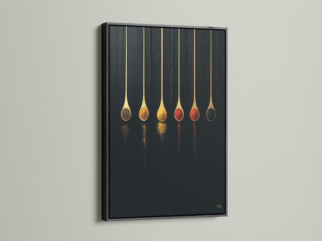 Spice Spoons canvas print with a black frame. This culinary art poster is ideal for modern kitchens. It complements dining areas and cafes. The spoon print creates a minimalist look. This food art print is the perfect chef gift. Enhance your space with this dark academia artwork.